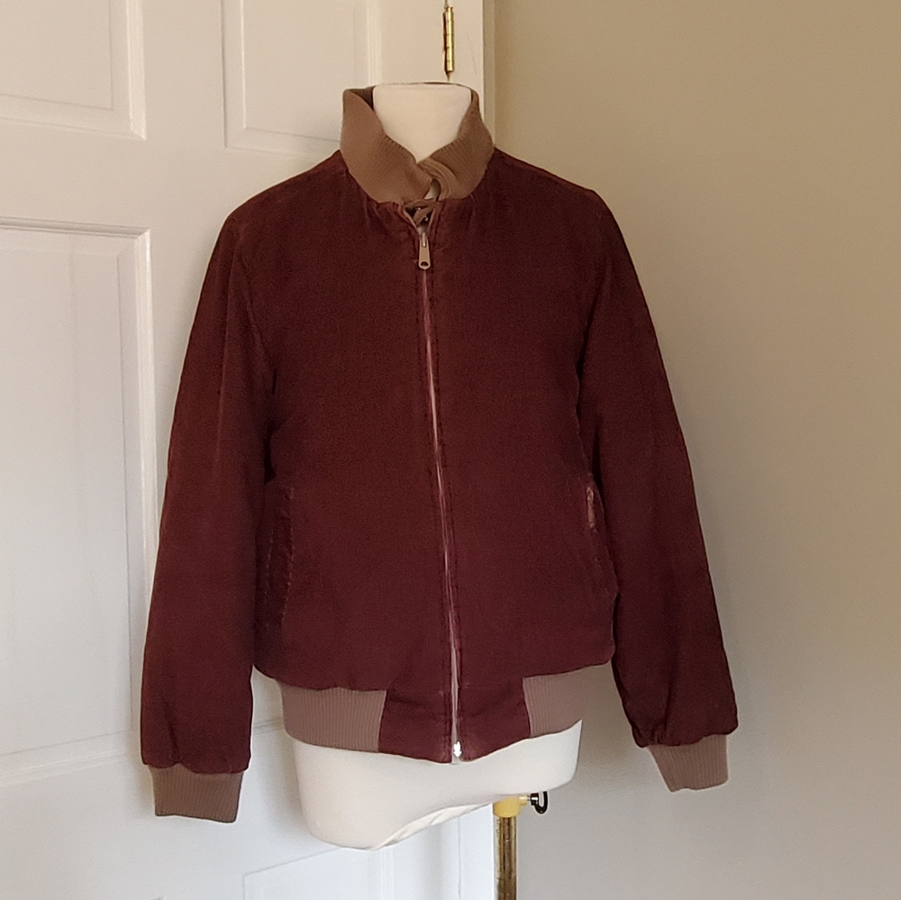 80s burgundy/beige corduroy bomber jacket reversible small